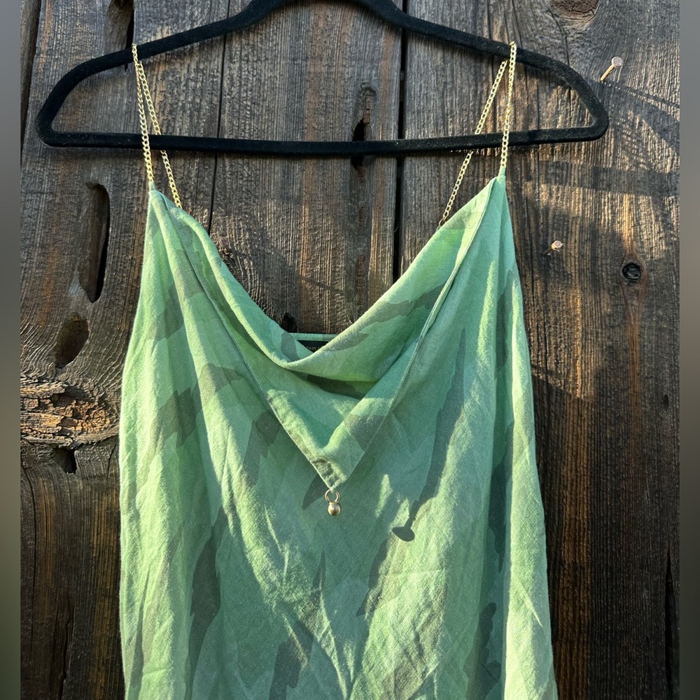 NWT Vix Surya Details Cowl Neck Camo Long Asymmetrical Dress with Gold Hardware - Picture 9 of 16